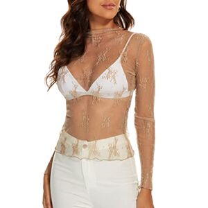 Minetom Femme Dentelle Mesh Elastique Tops Moulant à Manches Longues Transparente Blouse Soirée Club Chemise A Beige XS - Publicité