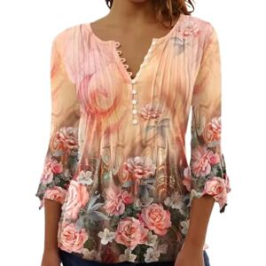 Yeenily Tunique Femme Longue Grande Taille à Manches 3/4 Chemisier Boutonné Imprimé Floral col V Plissé Top Lâche T-Shirt Basiques Haut Automne(Orange,S) - Publicité