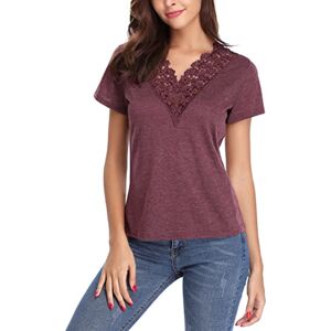 Wayleb Femme T-Shirt Col V avec Dentelle Blouse À Manches Courtes Élégant Et Confortable Imprimé des Motifs Floraux - Publicité