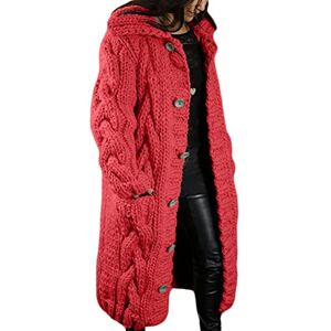 Onsoyours Femme Gilets Cardigan Long en Tricoté Veste Capuche Veste en Tricot Chaud Hiver Pull Ouvert Manteau Chaud Épais Blouson Gilet Grosse Maille Rouge Orange L - Publicité