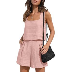 YILEEGOO Ensemble de 2 combinaisons décontractées en lin pour femme Ensemble assorti Short deux pièces avec poches Débardeur court 2023 Vêtements d'été tendance, rose, S - Publicité