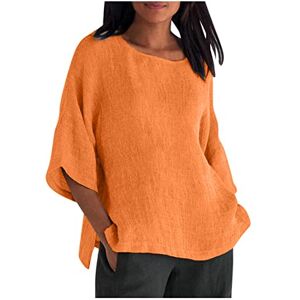 Generic Haut ample en coton et lin pour femme Col rond Manches mi-longues Fente latérale Tunique surdimensionnée Grande taille Vêtements d'été décontractés Tenue quotidienne, 12 oranges, Taille - Publicité