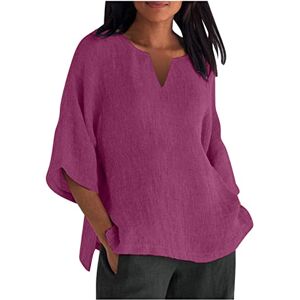 Generic Haut ample en coton et lin pour femme Col rond Manches mi-longues Fente latérale Tunique surdimensionnée Grande taille Vêtements d'été décontractés Tenue quotidienne, 23**Rose vif, - Publicité