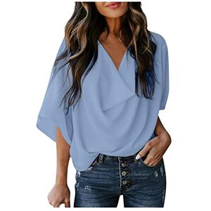 Routefuture Chemise Femme Chic et élégant Col en V Chemisier Décontracté à 3/4 Manches Lâche Couleur Unie Bureau Travail Blouse Hauts Tops Cadeau 18 Ans Fille,2-Bleu Ciel,L - Publicité