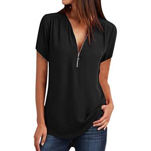 Generic Tee Shirt Femme Grandes Tailles- Haut Femme Zippé,Tunique À Manches Courtes Sexy Col en V Top Lâche Couleurs Unies Blouses Décontractées Respirant Confortable Eté Élégante Long Chemises - Publicité