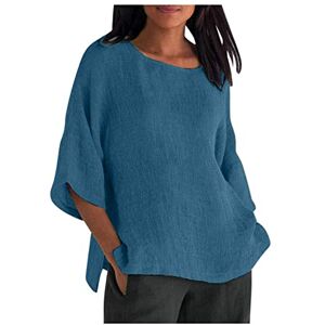 Generic Tunique d'été surdimensionnée en coton et lin pour femme Décontractée Col rond Manches mi-longues T-shirt élégant Pour entraînement au bureau Tenue quotidienne Couleur unie, 09#Bleu - Publicité