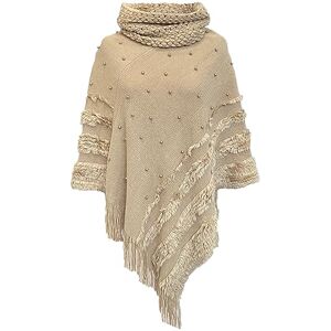 Rayson Femme Poncho Châle à Franges Hiver Tricot à col Montant Mode Elégant avec des Perles Chaud Écharpe Automne Hiver Cadeau de Noël(Kaki) - Publicité