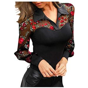 MIN YING Chemisiers et Blouses Femme Bottog Chemise Mode Sexy Couleur Unie Shirts Navetteurs Pullover Dentelle Tops Casual Elegant Chemisier Mesh Slim Manche Longue - Publicité