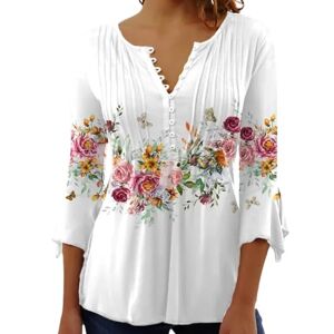 Yeenily Tunique Femme Longue Grande Taille à Manches 3/4 Chemisier Boutonné Imprimé Floral col V Plissé Top Lâche T-Shirt Basiques Haut Automne(Blanc,XXL) - Publicité