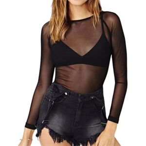 ORANDESIGNE T-Shirt à Manches Courtes en Maille pour Femmes Mesh Crop Top Y2k Sexy Transparent Haut en Résille Perspectif Slim Fit Fête Blouse Clubwear Y Noir XS - Publicité