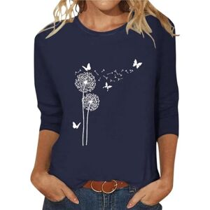 Generisch T-shirt à manches 3/4 pour femme Décontracté En coton Tunique légère Col rond Motif pissenlit T-shirt d'été pour femme Grandes tailles, bleu foncé, S - Publicité