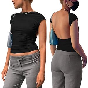 HAOLEI Haut Dos Nu Femme Manche Courte T-Shirt d'été Tops Dos Nu Y2k Crop Top Sexy Backless T-Shirt Ajusté Slim Fit Haut Chic Décontractée Col Rond Couleur Unie Portable Devant et Derrière - Publicité