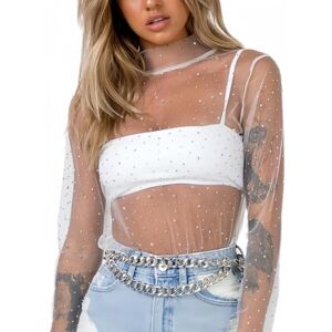 SamHeng Femmes Sexy Sheer Mesh See Through Tops Chemise à Manches Longues Col Montant Sparkle Basic Tee Blouse Tops Party Clubwear (Blanc/L) - Publicité