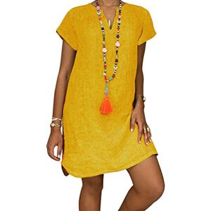 Minetom Robe Longue en Coton Et Lin de Couleur Unie pour Femmes Col Rond Et Manches Longues Grande Taille Modèles Simples Et Confortables avec des Boutons A Jaune FR 44 - Publicité