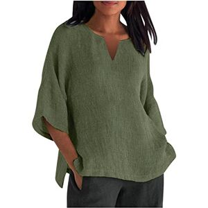 Generic Haut ample en coton et lin pour femme Col rond Manches mi-longues Fente latérale Tunique surdimensionnée Grande taille Vêtements d'été décontractés Tenue quotidienne, 22 x vert - Publicité