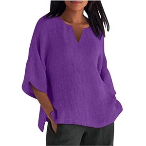 Generic Haut ample en coton et lin pour femme Col rond Manches mi-longues Fente latérale Tunique surdimensionnée Grande taille Vêtements d'été décontractés Tenue quotidienne, 29 x violet foncé, - Publicité