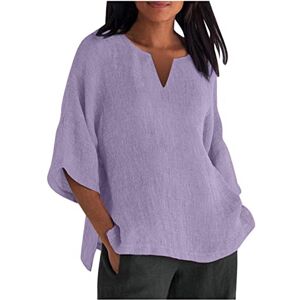 Generic Haut ample en coton et lin pour femme Col rond Manches mi-longues Fente latérale Tunique surdimensionnée Grande taille Vêtements d'été décontractés Tenue quotidienne, 34 x Violet, L - Publicité