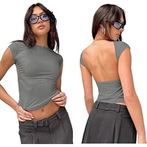 Arkim Top Dos Nu Femme [Matériaux Améliorés] Y2K Backless Top T-Shirts, Sexy Haut Dos Nu Tops Femme Ete, T-Shirts à Manches Courtes Femme Style Réversible(Gris foncé,XS) - Publicité