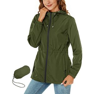 Rapbin Imperméable pour femmes, veste de pluie légère et pliable, avec capuche et poche, style trench-coat, Vert kaki, M - Publicité