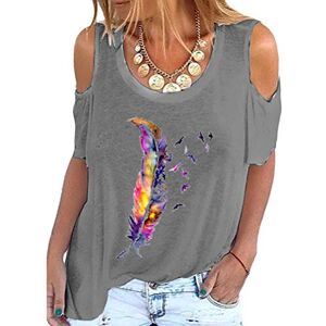 ORANDESIGNE Tee-Shirt Femme Sexy Été Imprimé Plume Tops Épaules Dénudées Chic Haut Blouse Col Round T-Shirt Grande Taille A Gris L - Publicité