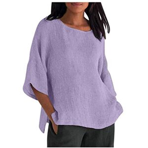 Generic Haut ample en coton et lin pour femme Col rond Manches mi-longues Fente latérale Tunique surdimensionnée Grande taille Vêtements d'été décontractés Tenue quotidienne, 8 x Violet, - Publicité