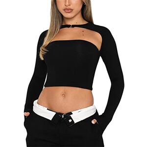 Loalirando Crop Top Femme Sexy Moulant Dos Nu à Manches Longues Top Haut Slim Casual (Noir, S) - Publicité