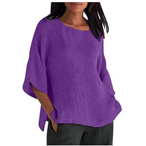 Generic Tunique d'été surdimensionnée en coton et lin pour femme Décontractée Col rond Manches mi-longues T-shirt élégant Pour entraînement au bureau Tenue quotidienne Couleur unie, 09#Violet - Publicité