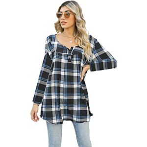 Yukiuiny Chemisier Carreaux Femme Blouse Tunique Haute Ample Col Boutonnée Hauts T Shirt Col Rond V Chemise Casual Décontractée Classique Retro Ecossaise Top Bleu Noir*Manche Longue S - Publicité