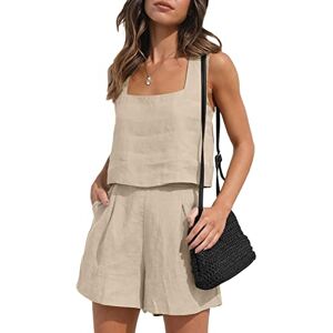 YILEEGOO Ensemble de 2 combinaisons décontractées en lin pour femme Ensemble assorti Short deux pièces avec poches Débardeur court 2023 Vêtements d'été tendance, kaki, M - Publicité