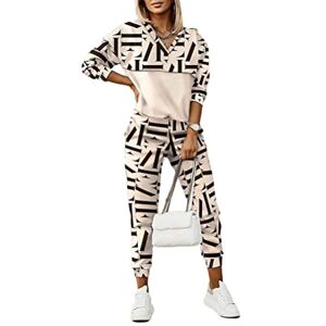 Onsoyours Survêtement Femme Ensembles 2 Pièces Sportswear Casual Imprimé Rétro Classique de Sport pour Jogging Manches Longues Pullover Sweatshirt à Capuche et Pantalon A Kaki XL - Publicité