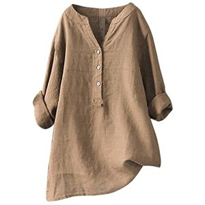 Générique Blouse en Lin Femme Oversize Manches Longues en Vrac Blouse en Lin Col en V Bouton Chemise Chemise d'été Longshirt Hauts Tunique Chemise Tops Hauts en Lin Chemise Femme Blouse D'été (02-Khaki-b, L) - Publicité