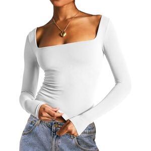 Loalirando T-Shirt Femme à Manches Longues Col Carré Slim Tendance Couleur Uni (Blanc, L) - Publicité