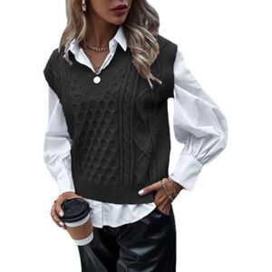 shownicer Femme Gilet en Tricot À Col en V Débardeur Décontracté en Tricot sans Manches Gilet Tricoté Géométrie Couleur Unie Débardeur Décontracté en Tricot Z Noir 3XL - Publicité