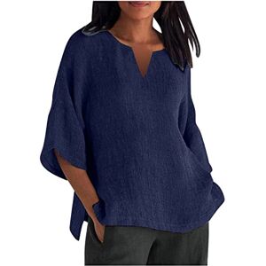 Generic Haut ample en coton et lin pour femme Col rond Manches mi-longues Fente latérale Tunique surdimensionnée Grande taille Vêtements d'été décontractés Tenue quotidienne, 24 x bleu marine, - Publicité