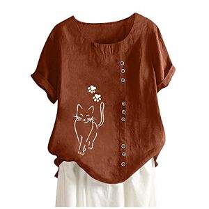 TIMEMEAN Tee-Shirt pour Femme Chemise Tunique Boutonnée en Coton Et Lin Chemisier D'été Décontracté à Manches Courtes Et Col Rond à Imprimé Chat Vintage - Publicité