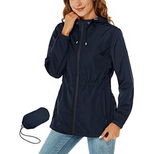 Rapbin Imperméable pour femmes, veste de pluie légère et pliable, avec capuche et poche, style trench-coat, bleu marine, XXL - Publicité