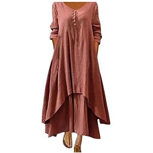 Cardith Robes Longues pour Femmes été Col Rond Coton Lin Grande Taille Double Couche Boutonnée à Manches Longues Robe Asymétrique - Publicité