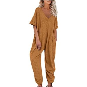 vokkrv Combinaison Coton Lin Femmes Mode Décontractée Salopette Col en V à Manches Courtes Barboteuses Avec Poches Pantalons Couleur Unie Chic Combinaison Casual Jumpsuit - Publicité