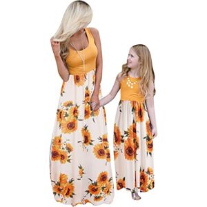 EFOFEI Gilet Matelassé Maxi-Robe De Loisirs Printemps Vêtements De Famille Mère Robes Enfants Fleur Jaune 6-7 Ans - Publicité