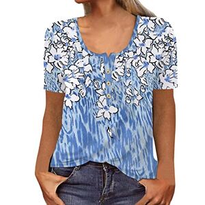 T-Shirt Col V Blouses à Manches Courtes pour Femmes Imprimé Tunique Tops Lâche Chemisier T-Shirts pour Femmes avec Boutons Basiques Haut Printemps été Femmes imprimé fleuri hauts boutonné (24, XXL) - Publicité