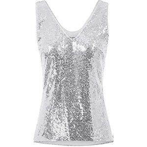 GRACE KARIN Femme Gilet à Paillettes pour Soiree Bal Club Sexy Veste Débardeur Col en V Sequins Haut Slim Argent XL CL80-1 - Publicité