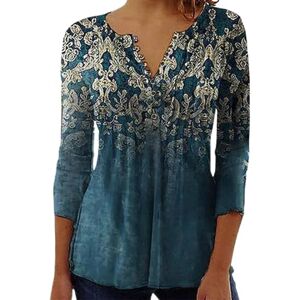 Yeenily Tunique Femme Longue Grande Taille à Manches 3/4 Chemisier Boutonné Imprimé Floral col V Plissé Top Lâche T-Shirt Basiques Haut Automne(Bleu,S) - Publicité