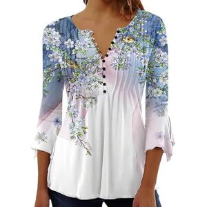 Yeenily Tunique Femme Longue Grande Taille à Manches 3/4 Chemisier Boutonné Imprimé Floral col V Plissé Top Lâche T-Shirt Basiques Haut Automne(Fleur Bleue,M) - Publicité