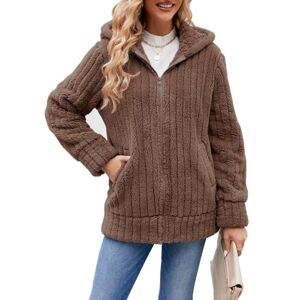 Yeenily Polaire À Capuche pour Femme Épais Manteau Cardigan Zippée Garder Blouson avce Poche Rayures Solides Cardigan Fausse Fourrure Hooded Coat Automne Hiver Mode Outerwear(Kaki,L) - Publicité