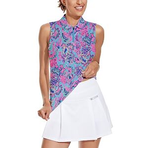Soneven Polo Femme sans Manches avec 1/4 Zipper cintrét T Shirt Sport Femme d'été Respirant Golf Tennis Tops Sport Shirt A-Imprimé Rose et Bleu XL - Publicité