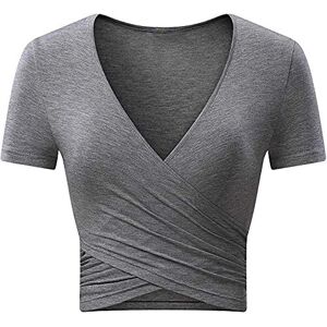 Uniquestyle Femme Col V Manches Courtes Tee Shirt Top Wrap Hauts Plume Taille Loose (Gris, X-Large) - Publicité