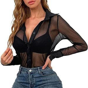 Generic Chemisiers et Blouses Femme Résille, Haut Transparent Noir Sexy-Top Manches Longues Revers T-Shirt Polyvalent Mode avec Boutons la Grâce Tuniques Décontractés Classique Basic Printemps et été - Publicité