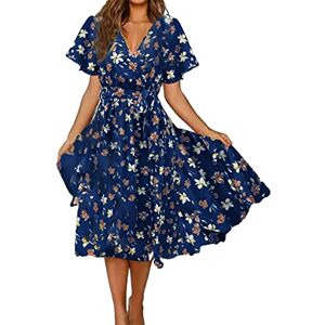 NNGOTD Jupe Femme Ete Mi Longue Femmes Robe d'été mi-Longue à Bretelles Bohème Floral Bouton Dos Nu Col V Sexy Robe Plage sans Manches Casual Simple Elegante Chic Soirée Robe Musulmane Femme - Publicité