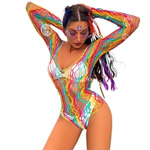 FYMNSI Robe résille transparente arc-en-ciel pour femme, lingerie moulante, filet coloré, Rave Festival Gogo Clubwear Vêtements de nuit Lingerie sexy, Body à manches longues arc-en-ciel, taille unique - Publicité