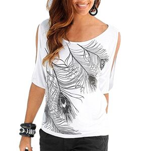 Uniquestyle Femme Col Rond Épaules Manches Courtes Tee Shirt Top Haut Imprimé Plume Taille Loose Blanc XXL - Publicité